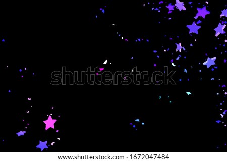Starry Confetti. Shooting star background. Random stars shine on a black background. Dark sky in shining blue, pink, green, purple colors. Suitable for your design, cards, invitations, gifts.