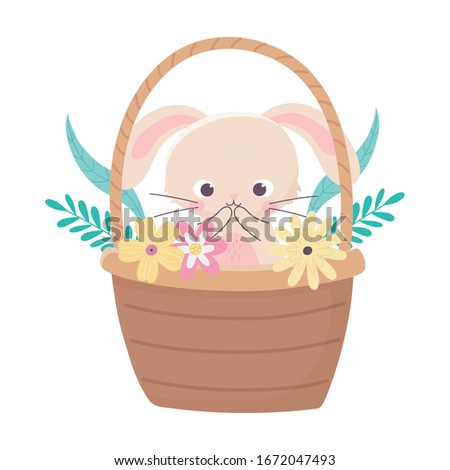 happy easter day, cute rabbit in basket flowers foliage nature vector illustration