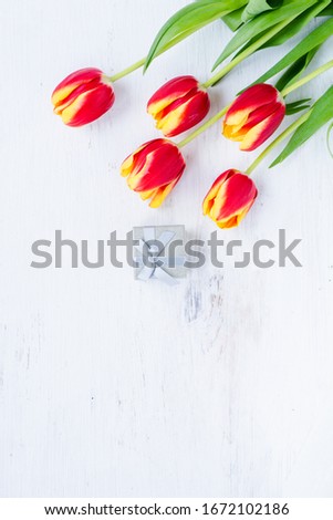 Bouquet of red tulips. Floral Background Top View