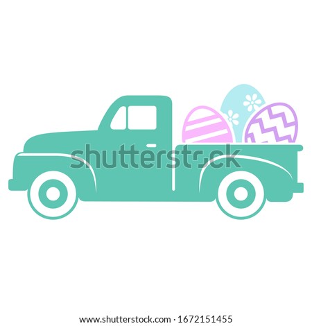 Cute Retro Easter Truck with Eggs on White