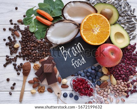 Healthy foods for brain and good memory. Best foods to boost brain health, brainpower, memory, and concentration. Brain-boosting foods, concept of healthy eating. Royalty-Free Stock Photo #1672199632