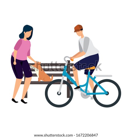 woman with dog and man in bike vector illustration design