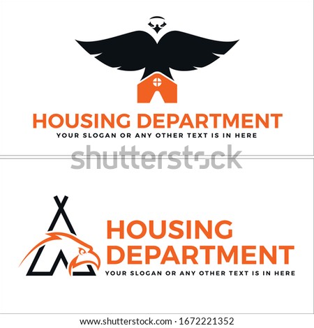 Orange black symbol home roof with eagle head and wing element vector logo design creative suitable for community non profit housing department building hunter animal wildlife