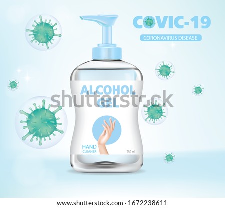 Alcohol gel. Hand wash gel vector. Hand wash gel and Bacteria vector. Royalty-Free Stock Photo #1672238611