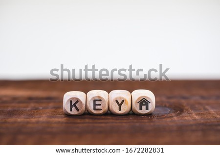 Wood cube blocks with icon house and word KEY. Property investment and house mortgage financial concept