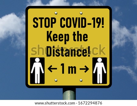 Yellow square sign. COVID-19 label. infectious disease prevention concept. virus hazard warning, on other name Coronavirus. illustration style raster image. blue sky & cloud. keep the 1 meter distance Royalty-Free Stock Photo #1672294876