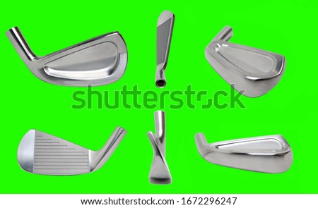 Golf Club Iron Head in varieties point of view with Green Screen Background for Video Editor.