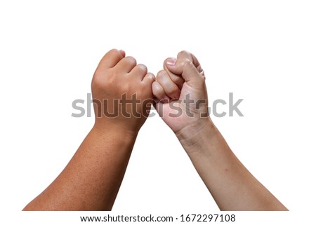 A hand with two different skin colors, a handful represents the struggle and success on a white background.