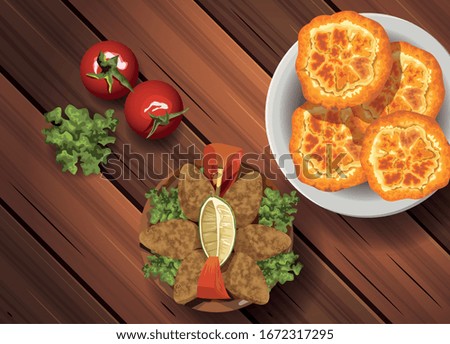 middle eastern food in wooden table vector illustration design