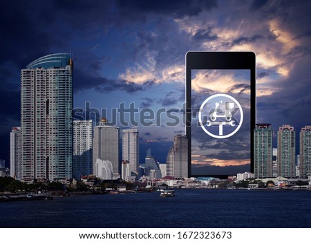 Service fix motorcycle with wrench tool flat icon on modern smart phone screen over office city tower, river and sunset sky, Business repair motorcycle online service concept