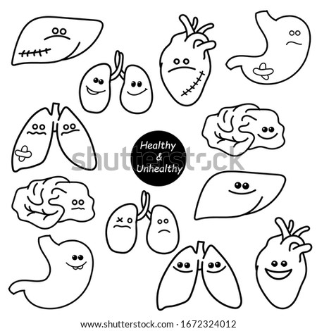 

doodle style illustration. a set of internal organs healthy and unhealthy. icons comparison of sick and healthy organs. stomach, liver, heart, lungs, kidneys, brain. flat for children comics
