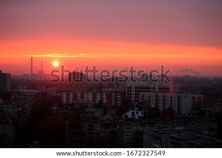 Sunrise in Kaunas, morning view of the panorama of the city
