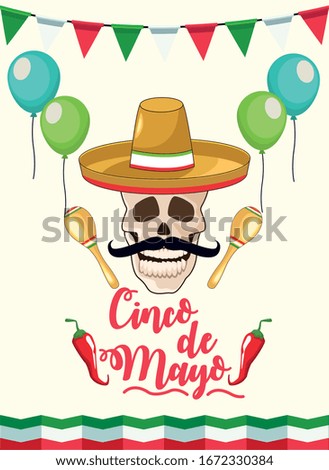 cinco de mayo party celebration with skull and mexican hat vector illustration design