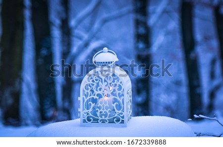 Christmas lantern in a winter evening forest