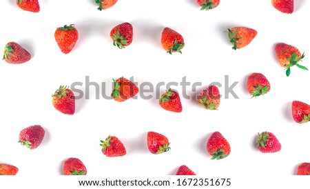 Place strawberries on white background., Top view. Flat lay pattern, a sweet soft red fruit with a seed-studded surface. Royalty-Free Stock Photo #1672351675
