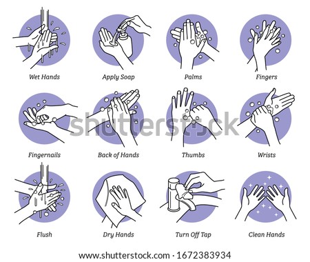 How to wash hands step by step instructions and guidelines. Vector illustrations of hand washing with water soap on palms, fingers, fingernails, back, thumbs and wrists. Flush, dry hands, clean hands. Royalty-Free Stock Photo #1672383934