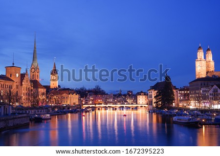 View to the old town of Zürich in Switzerland in the evening