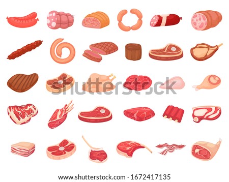Cartoon meat products. Chicken, sausages and sausages. Steaks, pork bacon and ribs vector set. Steak chicken, sausage and bacon, product ingredient illustration Royalty-Free Stock Photo #1672417135