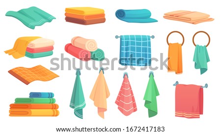 Bath towels. Cartoon fabric towel hanging on ring, rolled color cloth towels and folded towel vector illustration set. Towel bath for hygiene, bathroom textile Royalty-Free Stock Photo #1672417183