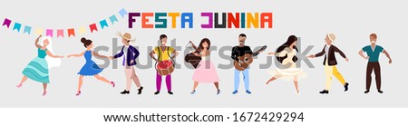 Festa Junina holiday. Hand drawn modern vector character set. Trendy illustration of positive dancing people. Man playing guitar and drums, women with triangle instrument, Couple dancing Forro dance.