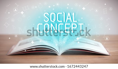 Open book with SOCIAL CONCEPT inscription, social media concept