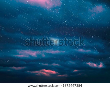 Starry night  moon on blue  sky at sea, sunset at  summer season , sea dark blue water  reflection ,galaxy moonlight blue lilac pink   background nature 