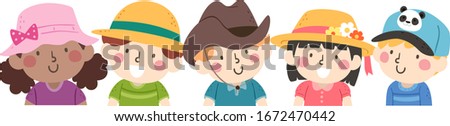 Illustration of Kids Wearing Colorful Hats from Sun, Straw, Cowboy to Cap to Celebrate Hat Day