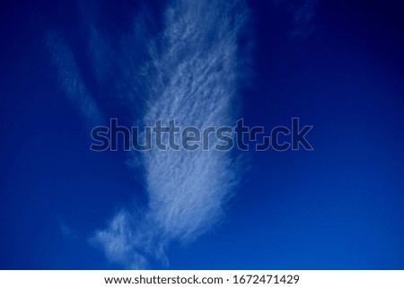 White porous clouds float through the blue sunny sky.