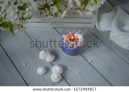 Spring still life with delicate white marshmallows