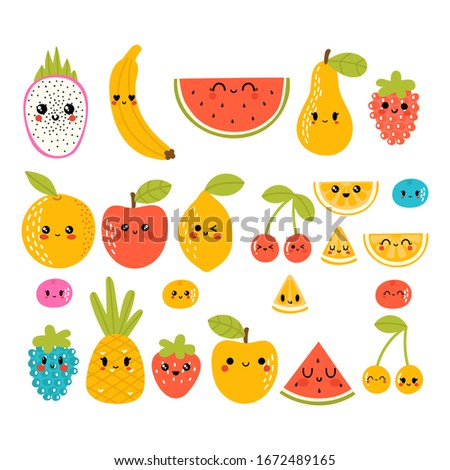 Cute hand drawn kawaii tropical smiling fruit. Healthy style collection. Cartoon manga characters. Vector illustration