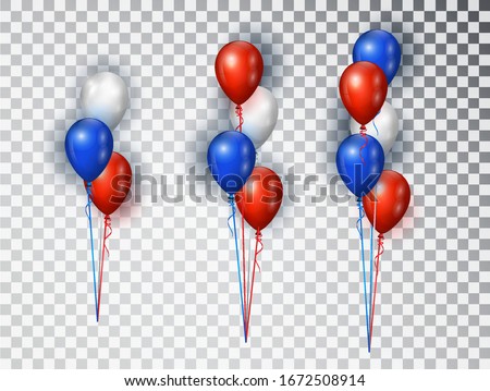 Helium balloons composition in national colors of the american flag isolated on transparent background. USA balloon festival decoration.