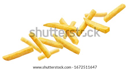 Flying potato fries, isolated on white background Royalty-Free Stock Photo #1672511647