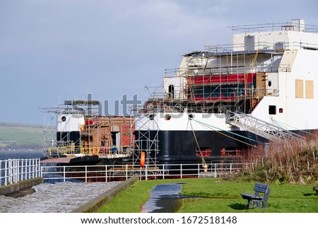Shipbuilding scaffold close up in Port Glasgow Ferguson Ship building Dock Harbor Harbour UK