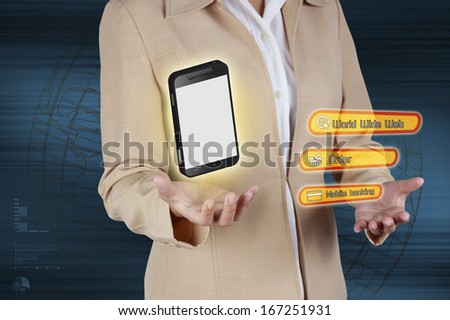 Business woman showing mobile phone. Concept of boundless communication.
