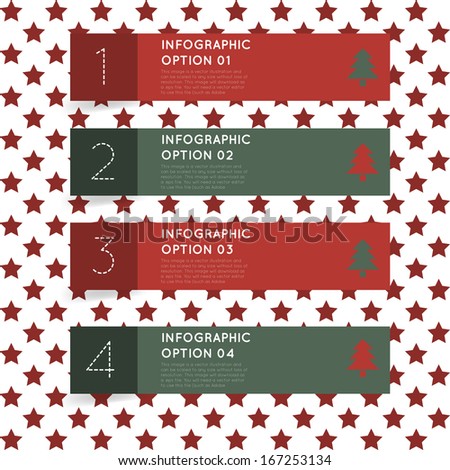 Merry christmas infographics options banner. Vector infographic for web page backgrounds, postcards, greeting cards, invitations, pattern fills, surface textures. With christmas tree and stars.