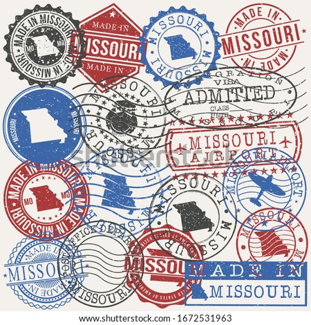 Missouri, USA Set of Stamps. Travel Passport Stamps. Made In Product. Design Seals in Old Style Insignia. Icon Clip Art Vector Collection.