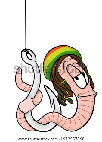 cartoon worm on a hook with dreadlocks and a rasta hat. isolated on a white background.Vector stock illustration