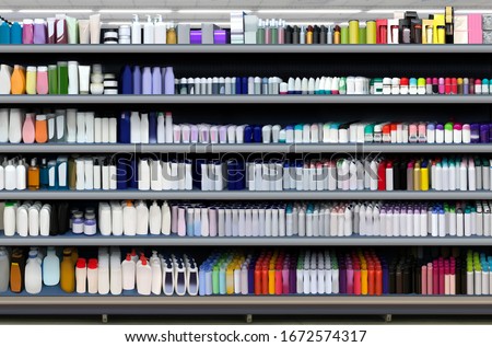 Deodorant, shampoo, disinfection kit, Skincare and Cosmetic bottles on shelf in supermarket. Suitable for presenting new products and new designs of labels among many others.  Royalty-Free Stock Photo #1672574317