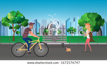 Vector illustration of a summer city park. A girl with a dog walks in the park.
The guy on the bike.