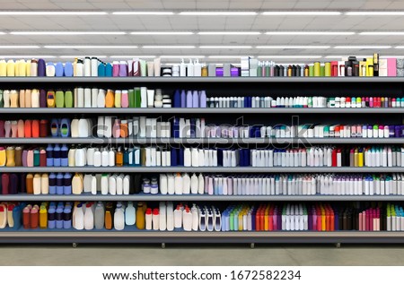 Skincare And Cosmetic Products on shelf.
Deodorant, shampoo, disinfection kit, Skincare and Cosmetic bottles on shelf in supermarket. Suitable for presenting new products and new designs of labels. Royalty-Free Stock Photo #1672582234