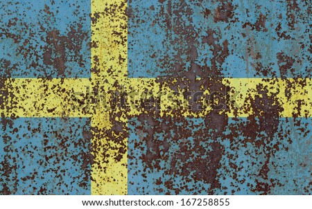 The concept of national flag on old rusty background: Sweden