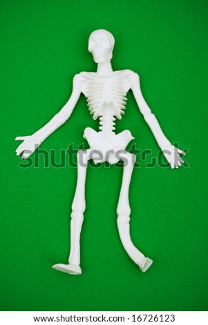 White skeleton on green background with copy space, skeleton