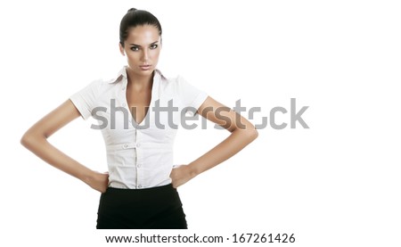 angry businesswoman on white background