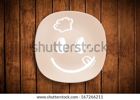 Happy smile cartoon face on colorful dish plate and grungy background