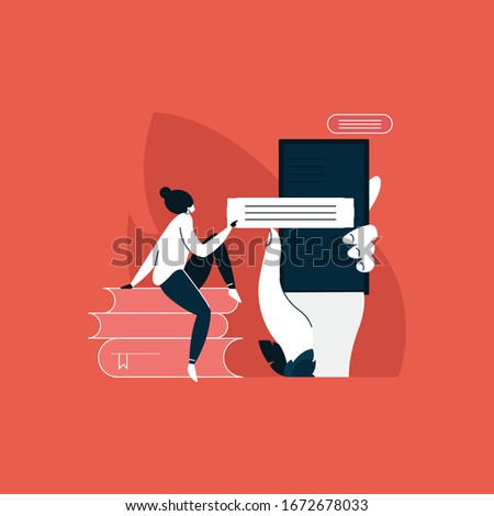 girl sitting on books and  using mobile for learning, Learn anywhere, distance learning concept