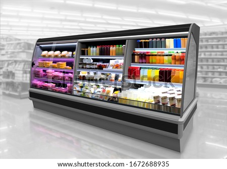 Freezer, Interfridge in supermarket. There types of food in coolers: Meat, fast-food in box and juice bar fridge.
Suitable for mockup packaging new graphic design labels on juice bottles Royalty-Free Stock Photo #1672688935