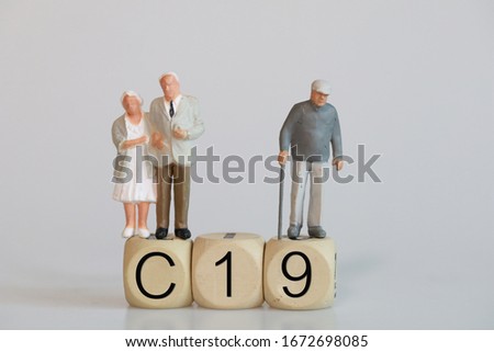 Old peoples and word C19 abbreviation From Covid-19 virus  on the white background, old human figure stand on Word C19.