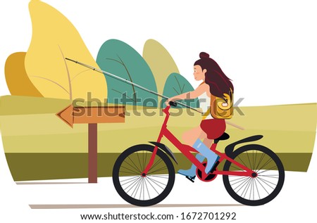 Girl rides a bicycle vector with a fishing rod