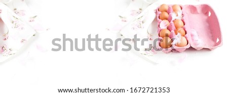  Close-up view of raw chicken eggs in egg box on white background. Decor and feathers. DEEP EXPOSURE, SELECTIVE FOCUS. Free space for text. Banner