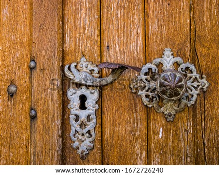 Ancient metal door handles on an old wooden door.
